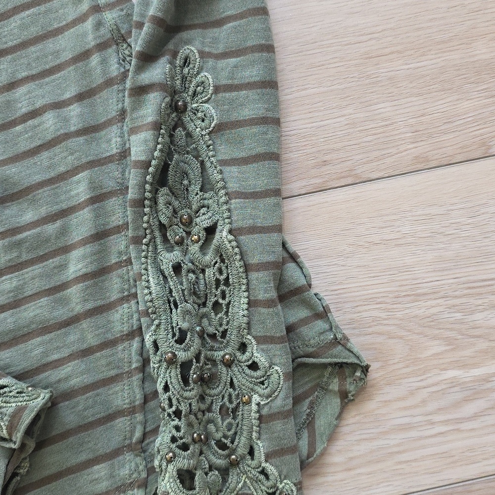 Free People Striped Olive Green Lace-Sleeve Women's Top - Picture 5 of 11